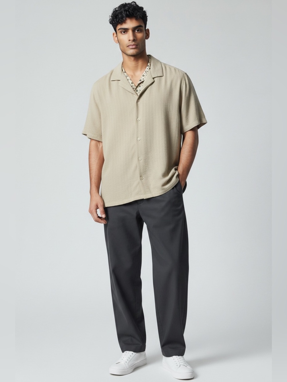 Cactus Man by Ricky Singh Men’s Tan Beige Textured Short Sleeve Camp Shirt